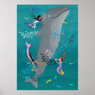 Mermaids attending to a whale and cleaning the oce poster