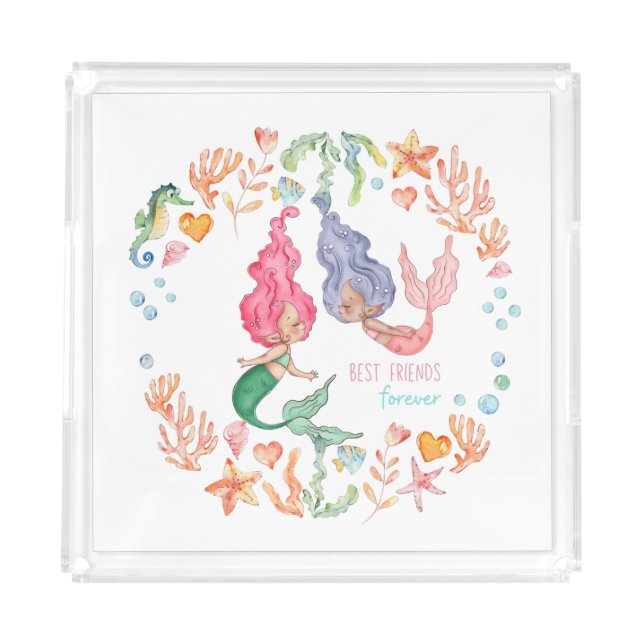 Mermaids Best Friends Forever BFF Personalized Acrylic Tray (Front)