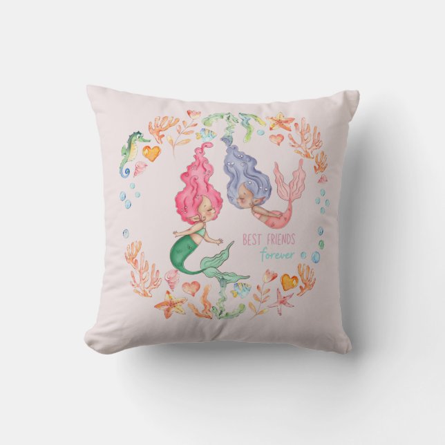 Mermaids Best Friends Forever BFF Personalized Throw Pillow (Front)