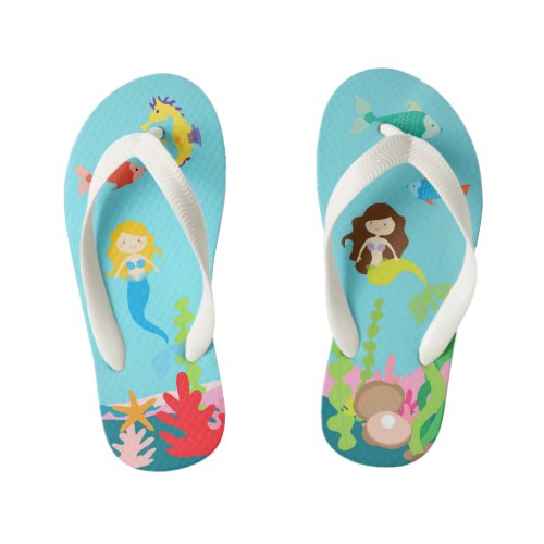 Mermaids Blonde  Brunette Undersea Life Kids Flip Flops