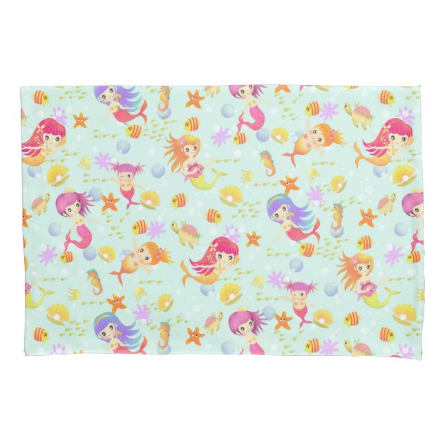 Mermaids Blue with Gingham Pillow Case (Front)