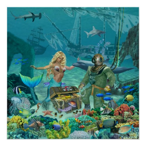 Mermaids Coral Reef Treasure Poster