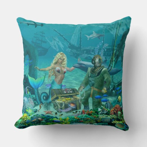 Mermaids Coral Reef Treasure Throw Pillow
