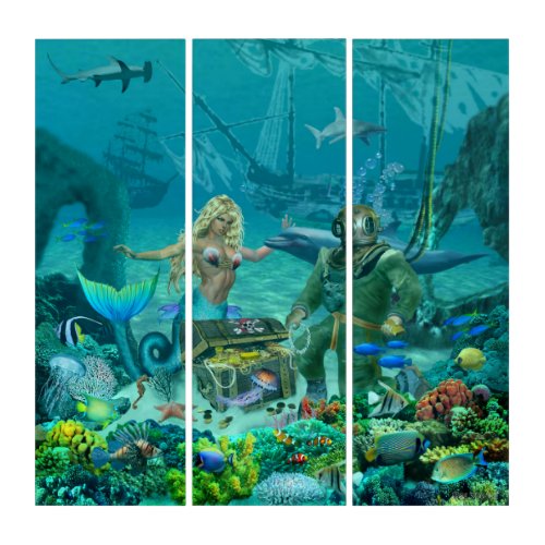 Mermaids Coral Reef Treasure Triptych