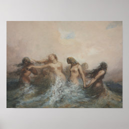Mermaids dancing in the sea vintage art poster