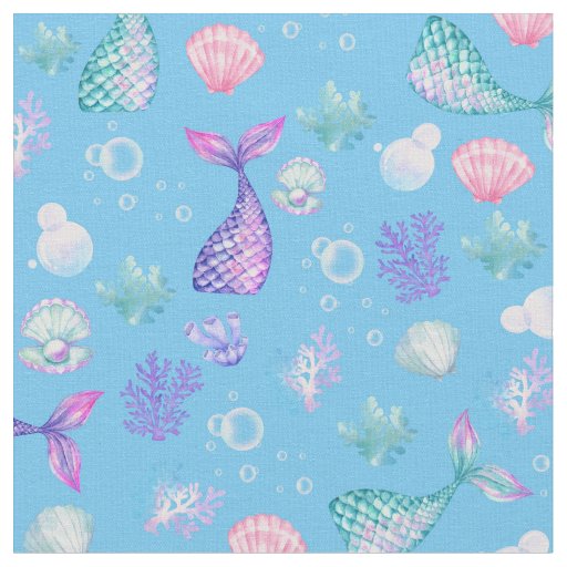 Mermaids Dream on Bright Blue Fabric