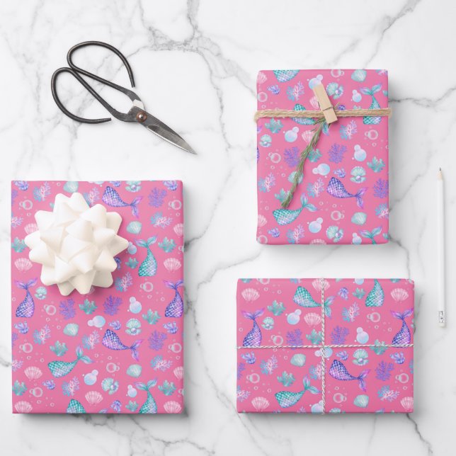 Mermaids Dream on Flamingo Pink Wrapping Paper Sheets (Front)