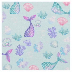 Mermaids Dream on Pastel Blue Fabric