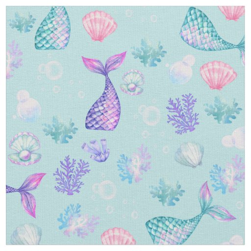 Mermaids Dream on Powder Blue Fabric