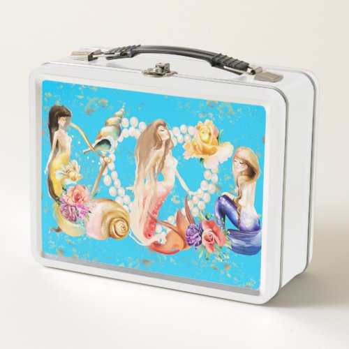 Mermaids Dream Romantic Florals and Pearl Heart Metal Lunch Box