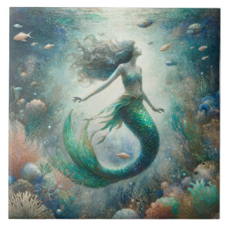 Mermaid's Ethereal Ocean Dance - Decorative Tile