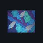 Mermaids & fish, surreal fantasy art, underwater canvas print<br><div class="desc">Artwork titled "The Waiting". Three beautiful mermaids / girls’ statues frozen in the long waiting for something that turns them back to life. Girls are covered by blue corals and blue, green and purple seaweeds. Bunch of golden fishes swimming between them. Dark blue water and remote fish silhouettes as a...</div>
