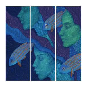 Mermaids & Fish, surreal fantasy art, underwater Triptych