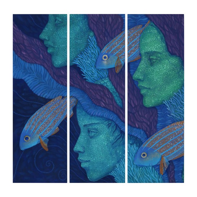 Mermaids & Fish, surreal fantasy art, underwater Triptych (Front)