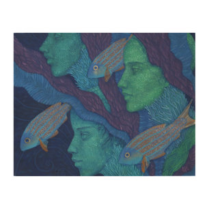 Mermaids & Fish, surreal fantasy art, underwater Wood Wall Art