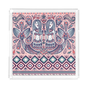 Mermaids Folk Elements Vintage Seamless Acrylic Tray