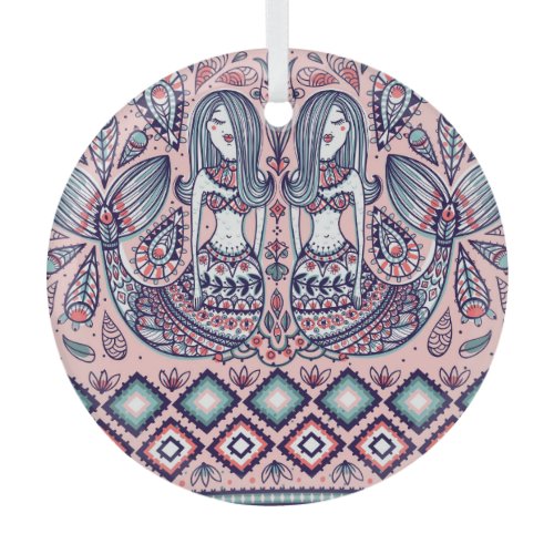 Mermaids Folk Elements Vintage Seamless Glass Ornament