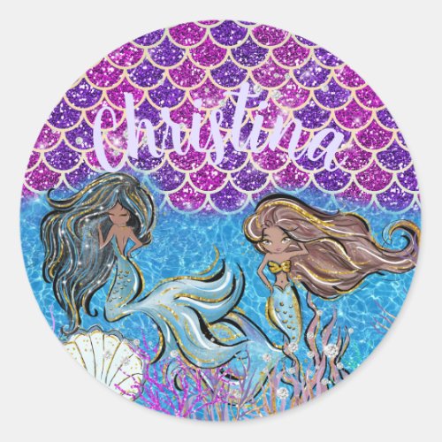 Mermaids Glitter Illustration with Tail Scales Classic Round Sticker