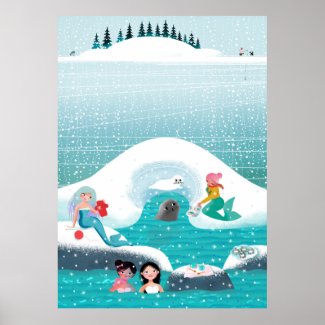 Mermaids having a picnic with a seal and baby poster