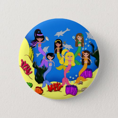 Mermaids in Ocean with Dolphins Button