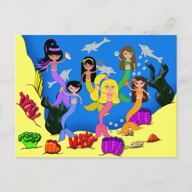 Mermaids in Ocean with Dolphins Postcard (Front)