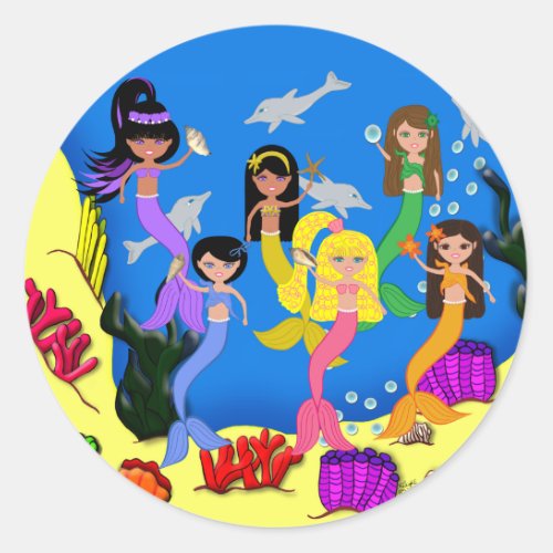 Mermaids in Ocean with Dolphins Sticker