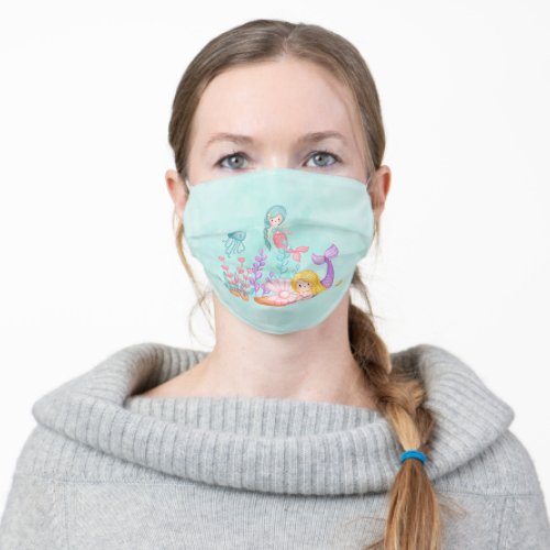 Mermaids  Jellyfish Under the Sea Watercolor Adult Cloth Face Mask