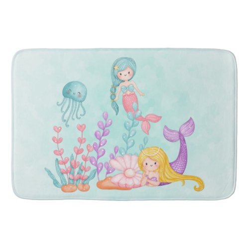 Mermaids  Jellyfish Under the Sea Watercolor Bath Mat