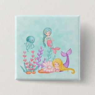 Mermaids & Jellyfish Under the Sea Watercolor Button