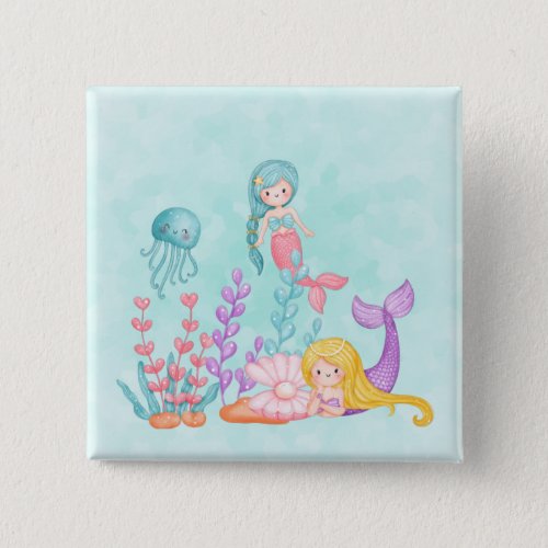 Mermaids  Jellyfish Under the Sea Watercolor Button