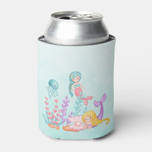 Mermaids  Jellyfish Under the Sea Watercolor Can Cooler