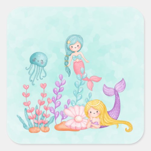 Mermaids  Jellyfish Under the Sea Watercolor Clas Square Sticker