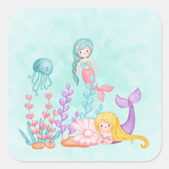 Mermaids & Jellyfish Under the Sea Watercolor Clas Square Sticker (Front)
