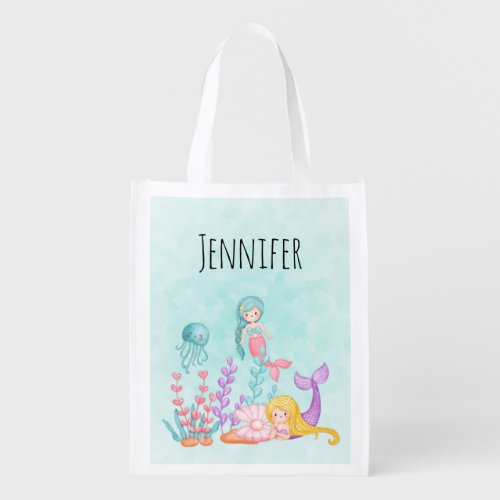 Mermaids  Jellyfish Under the Sea Watercolor Grocery Bag
