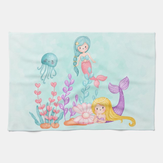 Mermaids & Jellyfish Under the Sea Watercolor Kitchen Towel (Horizontal)