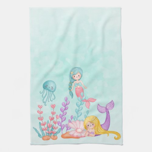 Mermaids  Jellyfish Under the Sea Watercolor Kitchen Towel