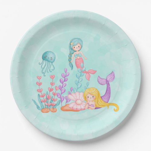 Mermaids  Jellyfish Under the Sea Watercolor Pape Paper Plates