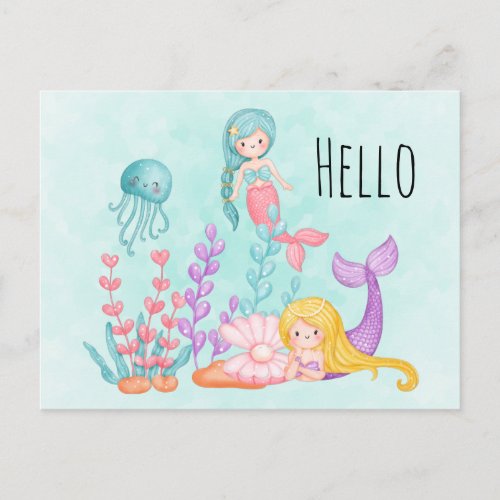 Mermaids  Jellyfish Under the Sea Watercolor Postcard