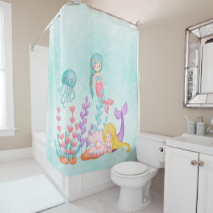Mermaids & Jellyfish Under the Sea Watercolor Shower Curtain