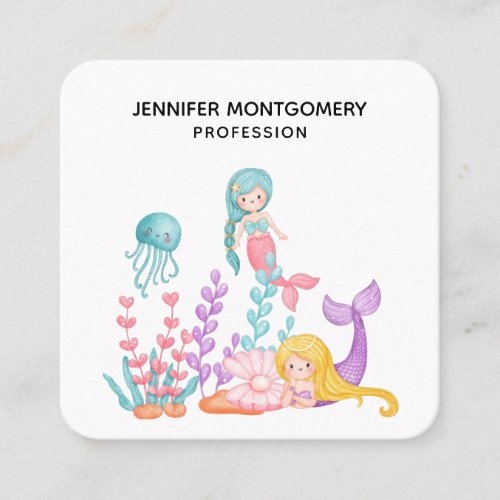 Mermaids  Jellyfish Under the Sea Watercolor Squa Square Business Card