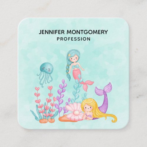 Mermaids  Jellyfish Under the Sea Watercolor Square Business Card