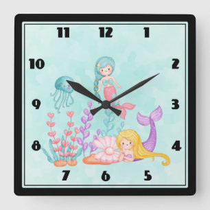 Mermaids & Jellyfish Under the Sea Watercolor Square Wall Clock