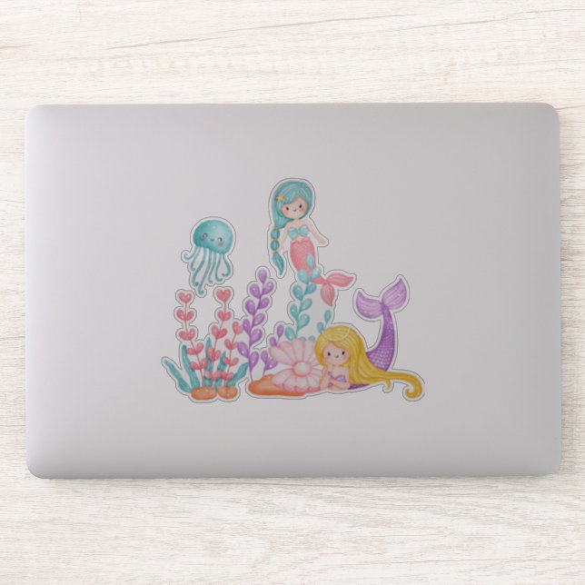 Mermaids & Jellyfish Under the Sea Watercolor Sticker (Computer)