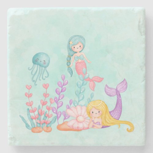 Mermaids  Jellyfish Under the Sea Watercolor Stone Coaster