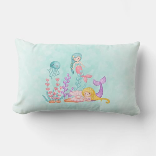 Mermaids  Jellyfish Under the Sea Watercolor Thro Lumbar Pillow