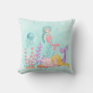 Mermaids & Jellyfish Under the Sea Watercolor Throw Pillow