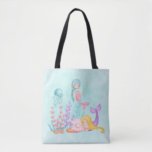 Mermaids  Jellyfish Under the Sea Watercolor Tote Bag