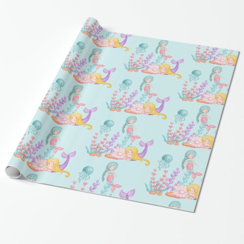 Mermaids  Jellyfish Under the Sea Watercolor Wrapping Paper