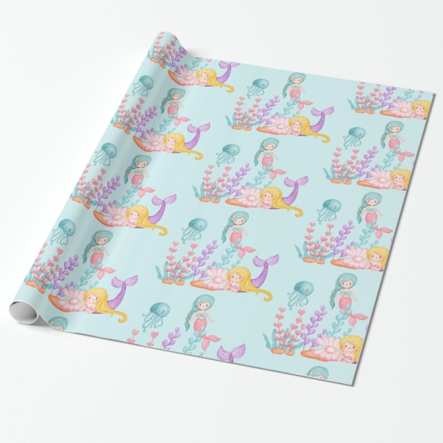 Mermaids & Jellyfish Under the Sea Watercolor Wrapping Paper (Unrolled)