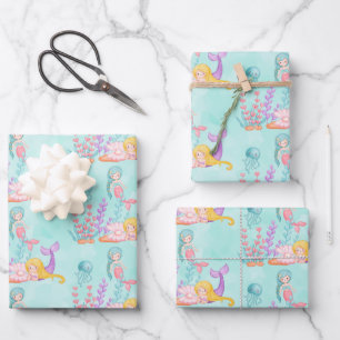 Mermaids & Jellyfish Under the Sea Watercolor Wrapping Paper Sheets